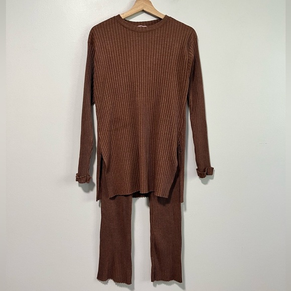 Moda Asya Brown Ribbed Knit Two-Piece Lounge Set Women’s Size Medium - Picture 2 of 14